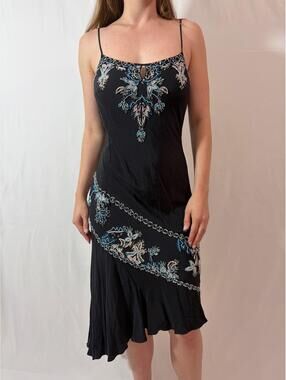 Black Silk Beaded Cache Embellished Vintage Formal Dress